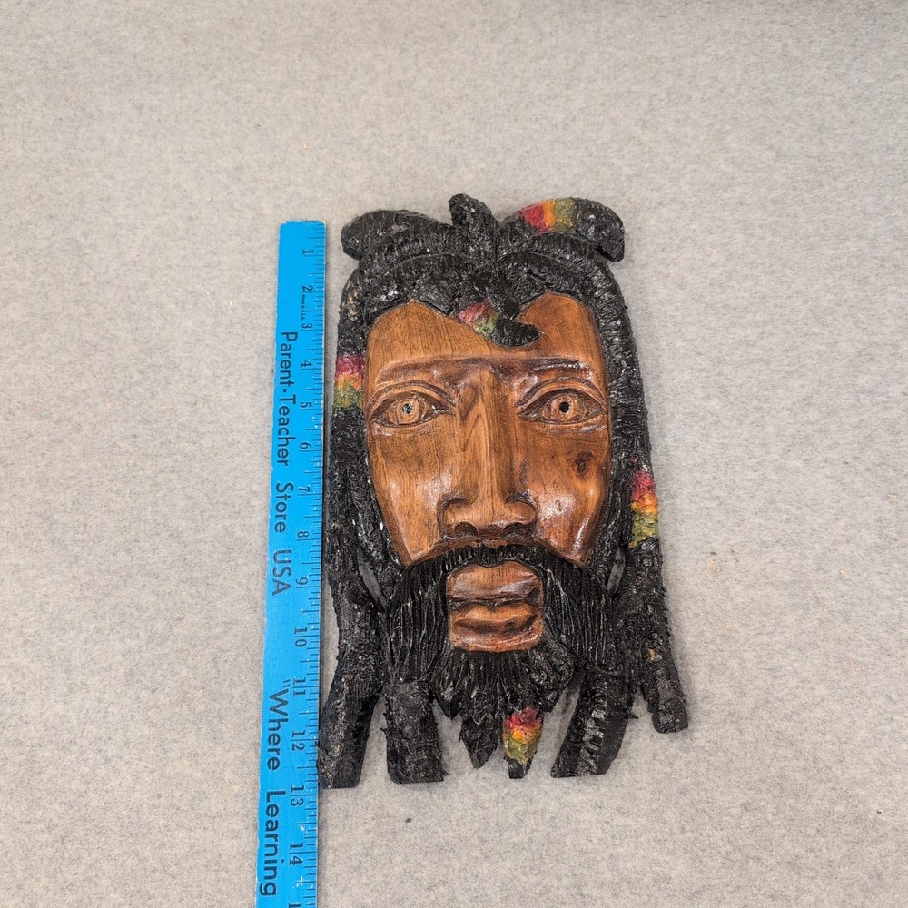 Hand Carved Wooden Rasta Mask Dreadlocks Beard Red Yellow Green Wall Art Decor - Picture 6 of 8